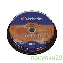 Диск 43523 Диски DVD-R Verbatim 4.7Gb 16х, 10 шт, Cake Box