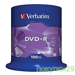 Диск 43551 Диски DVD+R Verbatim 4.7Gb 16-х, 100шт, Cake Box