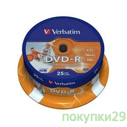 Диск Verbatim   Диск DVD-R  4,7Gb 16x Cake Box Printable (25шт) (43538)