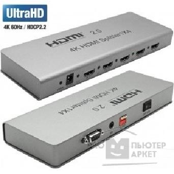 Переходник ORIENT HDMI 4K Splitter HSP0104H-2.0, 1->4, HDMI 2.0/3D, UHDTV 4K/ 60Hz (3840x2160)/HDTV1080p, HDCP2.2, EDIDуправление, RS232 порт, IR вход, внешний БП 5В/1.5А, метал.корпус
