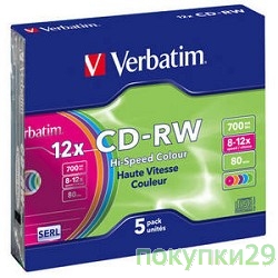 Диск 43167 Диски CD-RW Verbatim 8-12x 700Mb 80min (Slim Case, 5 шт.)