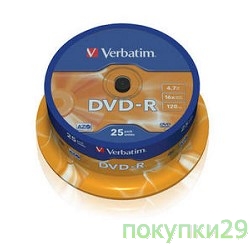 Диск 43522 Диски DVD-R Verbatim  4.7Gb 16-х, 25шт, Cake Box