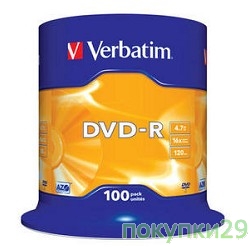 Диск 43549 Диски DVD-R Verbatim 4.7Gb 16-х, 100 шт, Cake Box